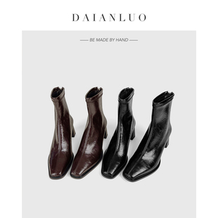 【跟高6cm】秋季新高跟短靴女瘦瘦靴弹力靴女粗跟方头裸靴显瘦靴