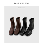 秋冬新款 跟高6cm 真皮高跟短靴女瘦瘦靴弹力靴女粗跟圆头显瘦