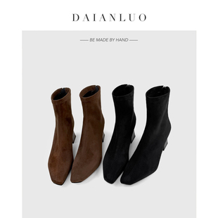 【跟高6cm】秋冬新百搭瘦瘦靴方头高跟短靴女粗跟弹力靴显瘦袜靴