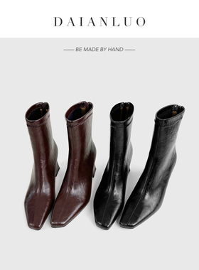 【跟高6cm】复古真皮瘦瘦靴方头显瘦秋冬新款高跟短靴粗跟弹力靴