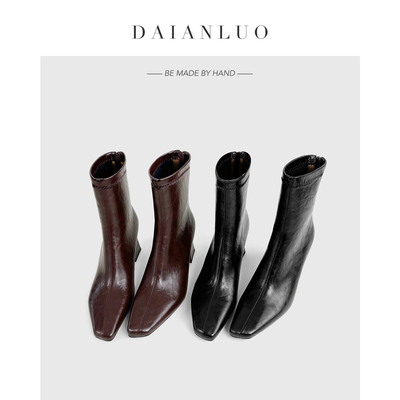 【跟高6cm】复古真皮瘦瘦靴方头显瘦秋冬新款高跟短靴粗跟弹力靴