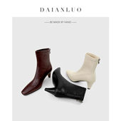 跟高5cm 秋冬新复古真皮瘦瘦靴方头显瘦高跟短靴粗跟弹力靴女