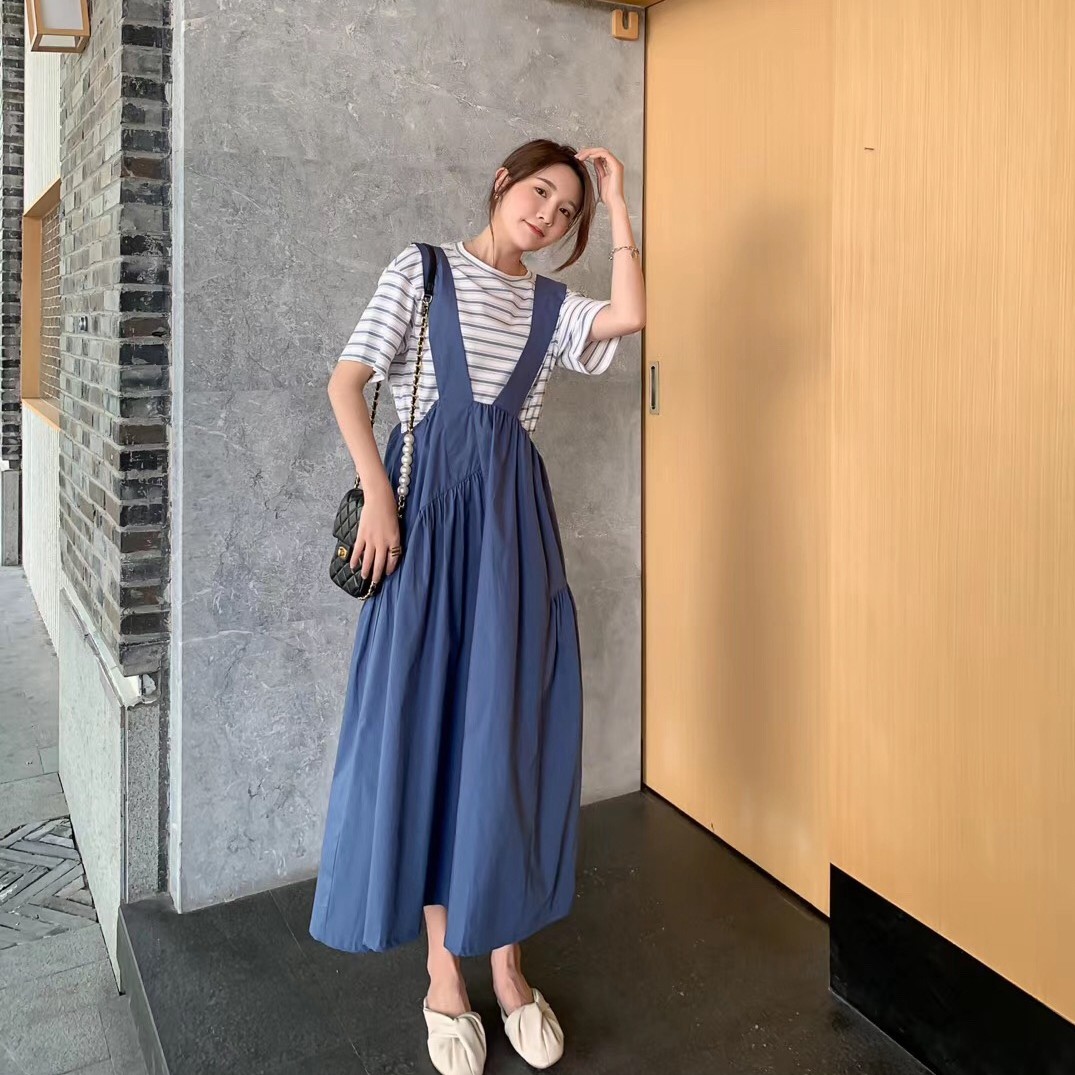 背带裙套装女夏2020新款条纹短袖针织T恤设计感中长款裙子两件套