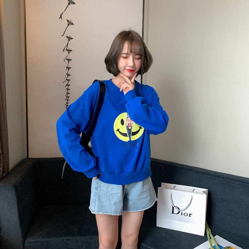 笑脸印花卫衣女2020春装新款休闲百搭学生圆领套头宽松慵懒风上衣