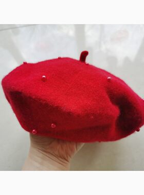 欧美女秋冬红色贝雷帽复古画家帽