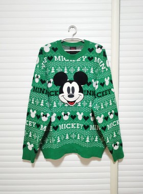 出口欧美外贸原单男女同款秋冬绿色针织衫宽松加厚大毛衣卡通米奇