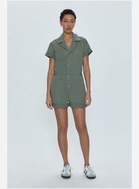 欧美工装连体短裤军绿色女夏卷边