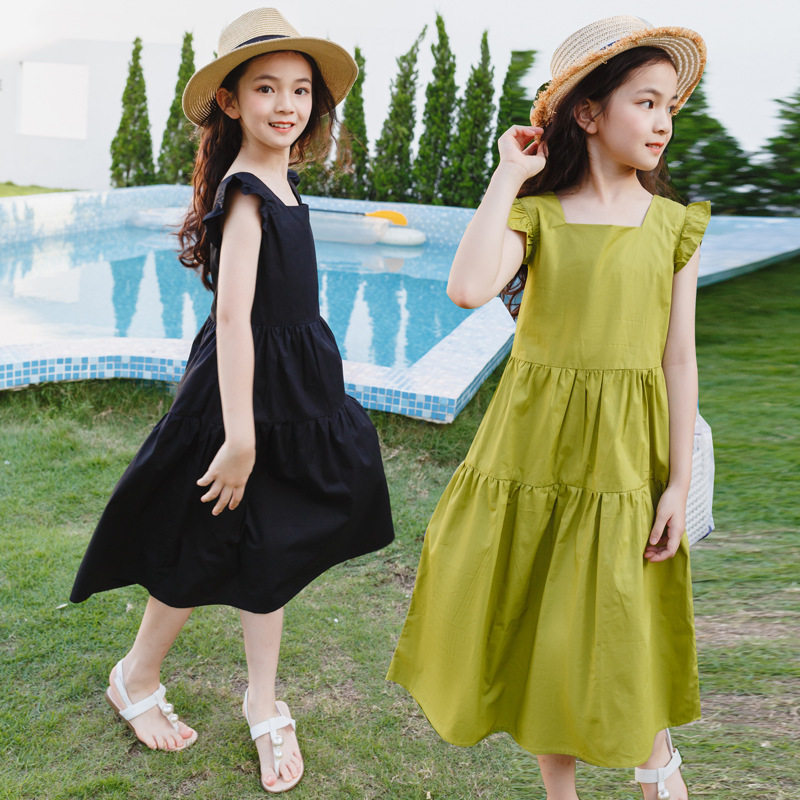 女大童2025新款夏季纯棉小飞袖无袖连衣裙方领长裙甜美可爱母女装