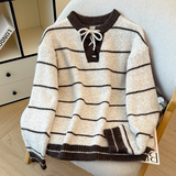 条纹含羊毛针织衫女拼色套头系带开领秋冬高级感撞色毛衣上衣，女装针织衫/毛衣，衣嘉衣服饰