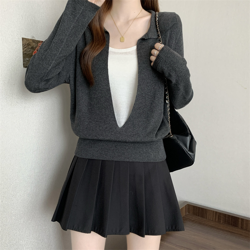 撞色u领长袖针织衫女2025秋季独特别致假两件polo衫上衣，女装大码女装，衣嘉衣服饰