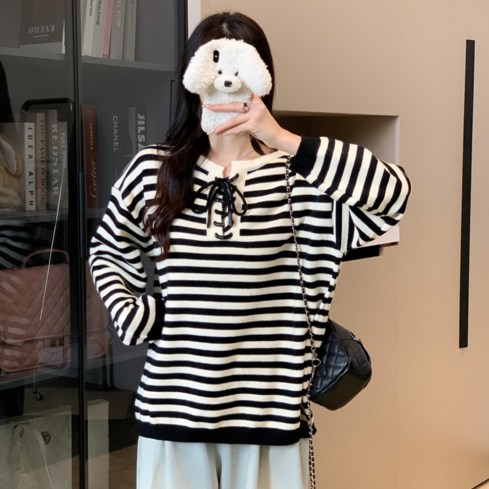宽松大板型加厚条纹绑带针织衫毛衣套头上衣女高品质休闲，女装针织衫/毛衣，衣嘉衣服饰