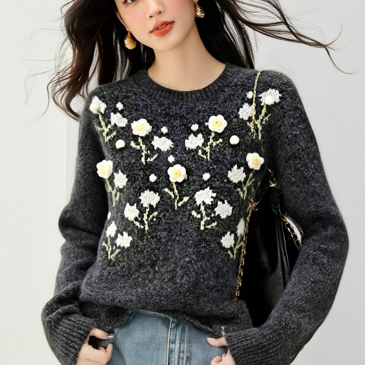 针织毛衣秋冬花朵2025新款软糯绵羊绒保暖上衣，女装针织衫/毛衣，衣嘉衣服饰
