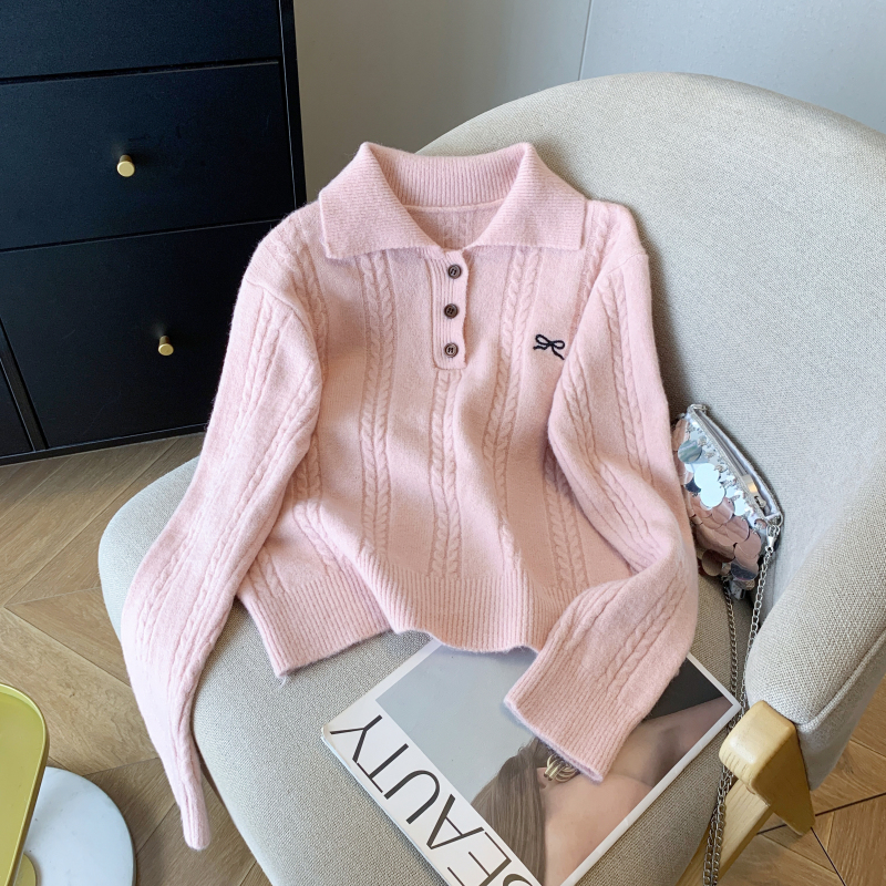 慵懒翻领麻花宽松刺绣复古针织衫毛衣女通勤百搭显瘦上衣，女装针织衫/毛衣，衣嘉衣服饰