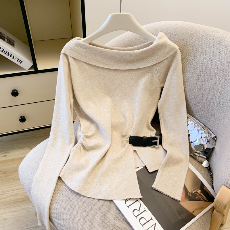 一字肩斜肩针织衫女不规则掐腰修身露肩长袖上衣，女装针织衫/毛衣，衣嘉衣服饰