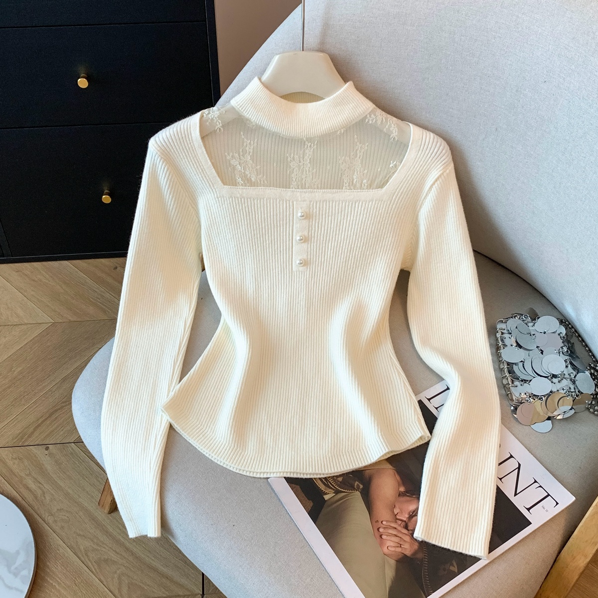 冬季针织打底衫蕾丝花边拼接长袖针织衫毛衣修身打底上衣减龄，女装针织衫/毛衣，衣嘉衣服饰
