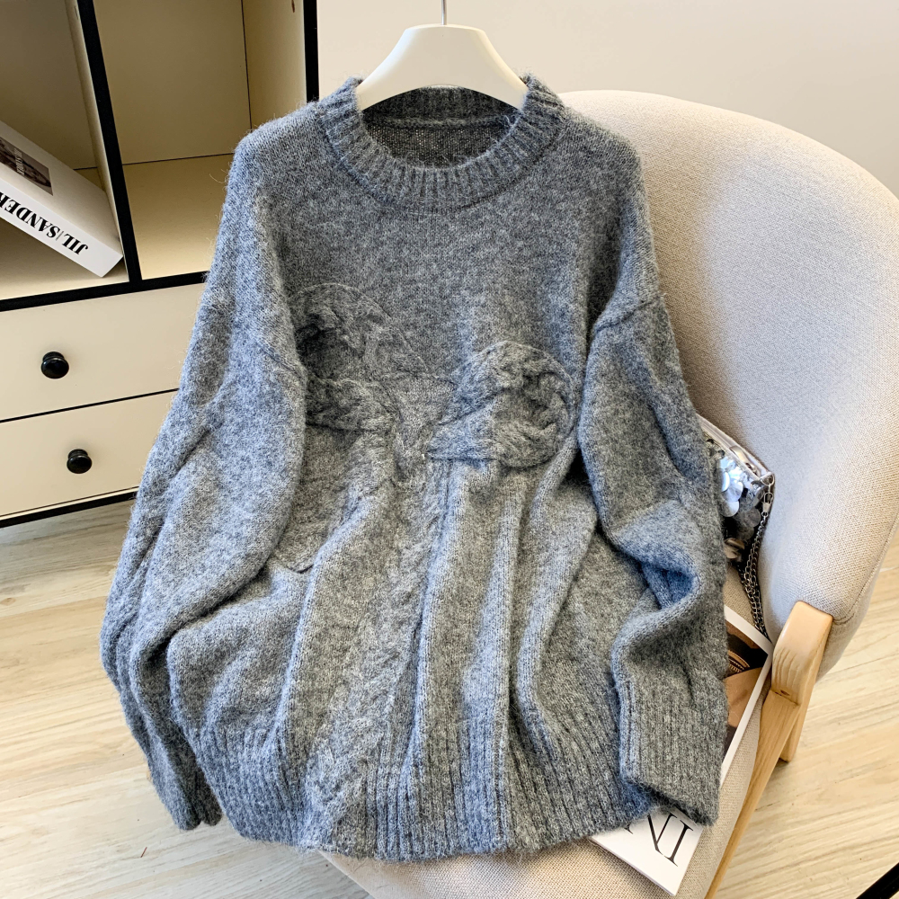 复古毛衣慵懒高级感女装宽松针织衫软糯蝴蝶结圆领套头上衣，女装针织衫/毛衣，衣嘉衣服饰