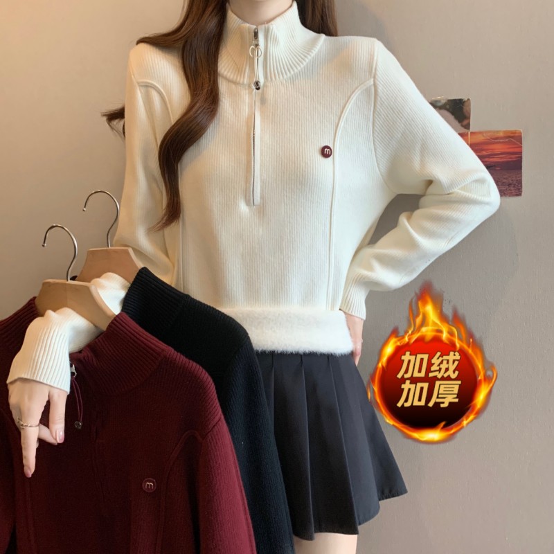 ~大码胖MM秋冬新款半拉链中领加绒加厚正肩长袖套头上衣毛衣，女装大码女装，衣嘉衣服饰