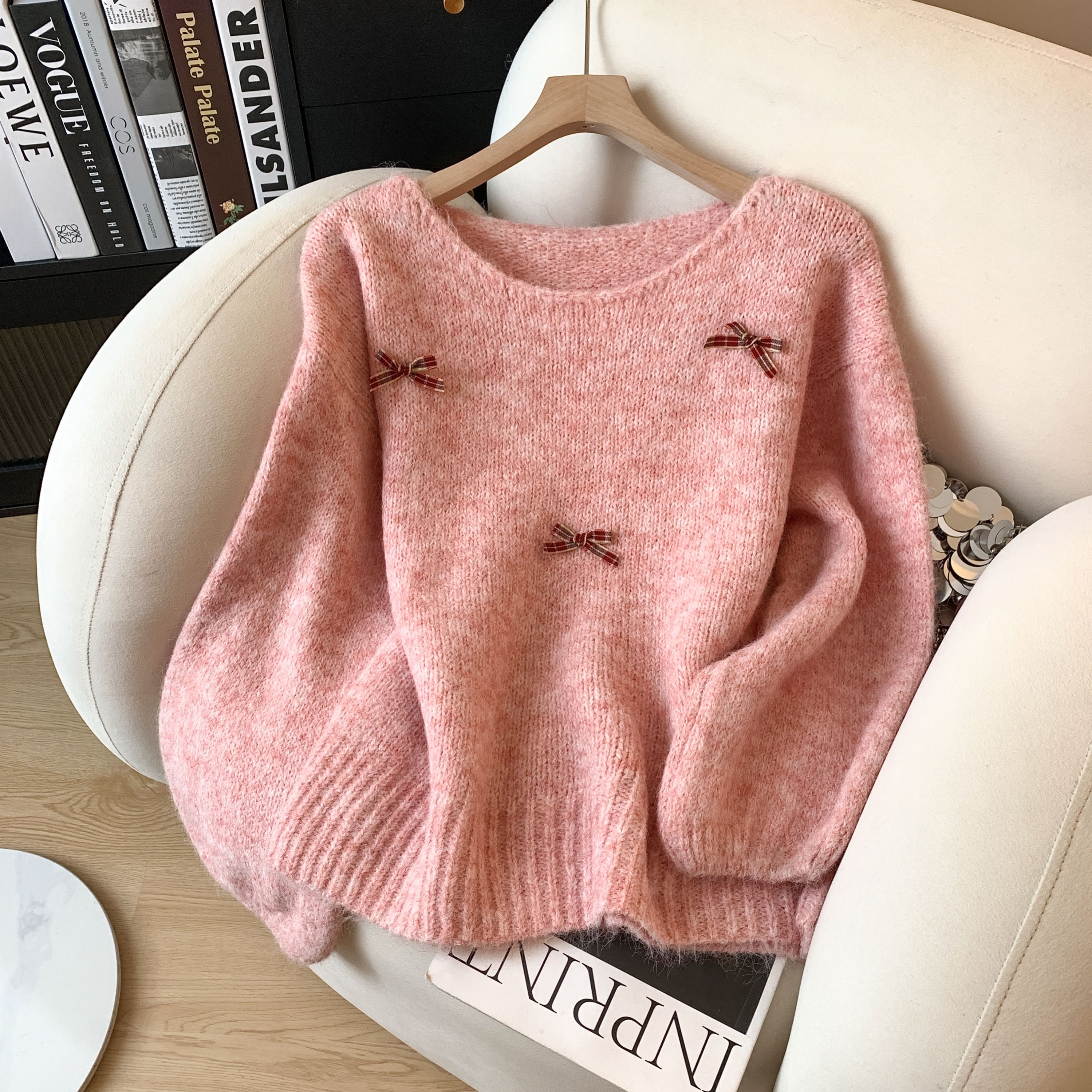 ～宽松慵懒风针织衫套头毛衣女2025秋冬蝴蝶结中长款针织衫，女装针织衫/毛衣，衣嘉衣服饰