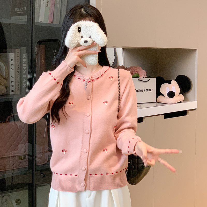 2025秋冬新款韩版圆领针织衫开衫甜美洋气宽松毛衣女，女装针织衫/毛衣，衣嘉衣服饰