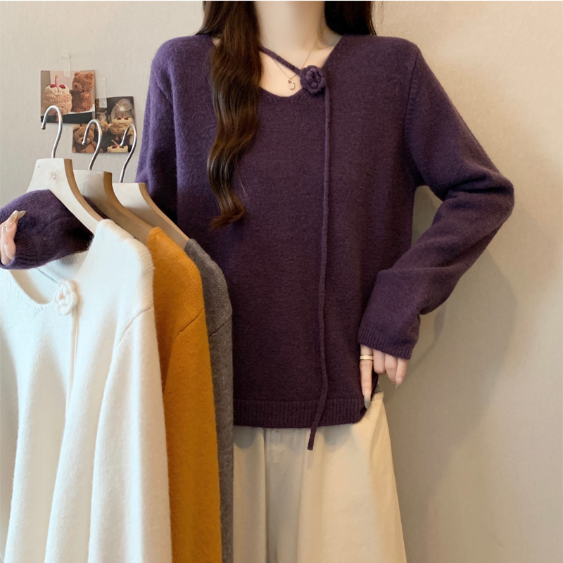 韩版V领立体花朵设计羊毛针织衫2025秋季新款女高级洋气甜美毛衣，女装针织衫/毛衣，衣嘉衣服饰