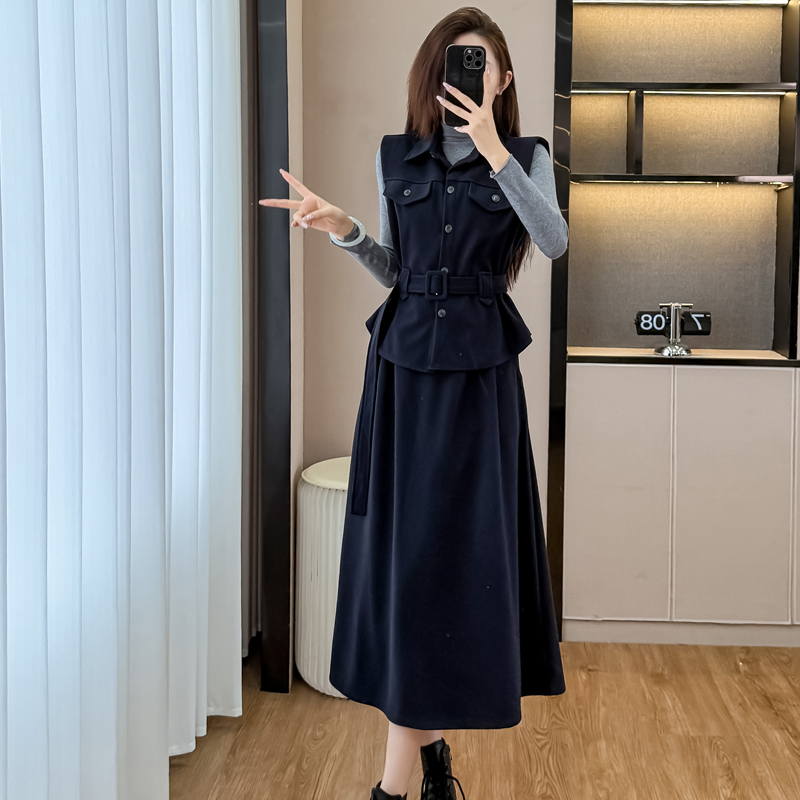 新款气质翻领马甲加小毛衣加半身裙套装配腰带三件套，女装套装/套裙，衣嘉衣服饰
