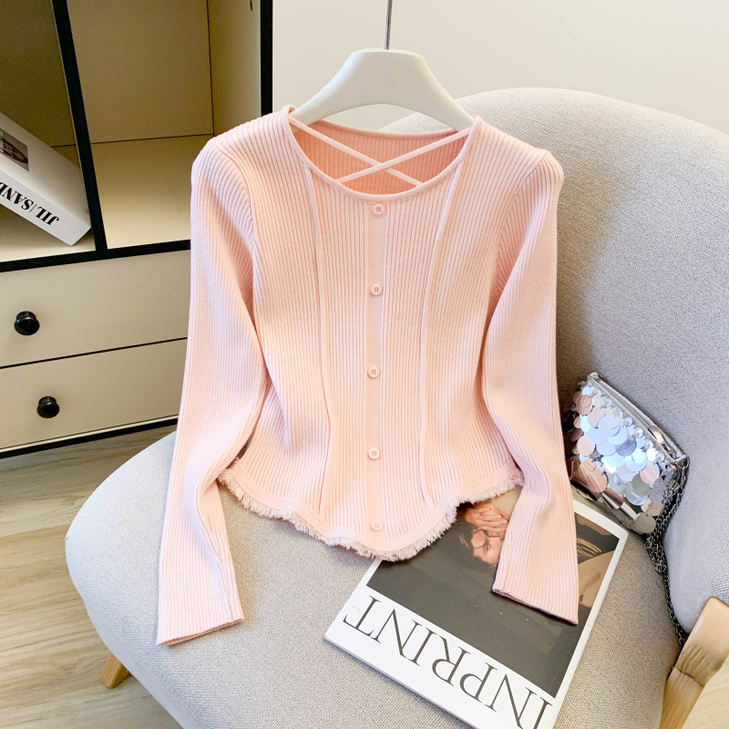 洋气流苏打底针织衫女秋冬修身V领短款毛衣女内搭时髦，女装针织衫/毛衣，衣嘉衣服饰