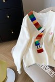 美式复古彩虹毛织拼接v领针织衫外套宽松学院风女毛衣，女装针织衫/毛衣，衣嘉衣服饰