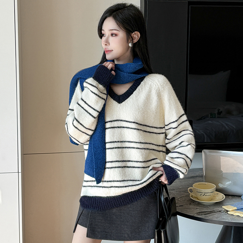 秋冬新款韩式休闲拼色条纹慵懒V领套头宽松复古针织衫毛衣女，女装针织衫/毛衣，衣嘉衣服饰