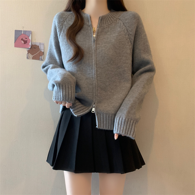 双拉链加厚毛衣开衫2025秋冬新款韩版宽松复古高级感针织外套，女装针织衫/毛衣，衣嘉衣服饰