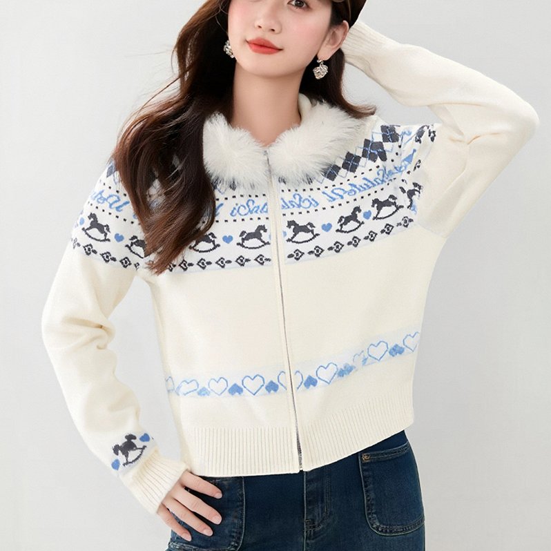 大毛领开衫毛衣外套女秋冬美式复古潮牌撞色提花上衣针织衫，女装针织衫/毛衣，衣嘉衣服饰