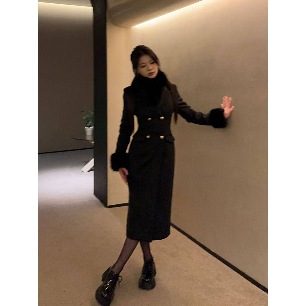 时尚气质赫本风收腰双排扣秋冬款黑色长款毛呢大衣百搭韩系外套女,女装/女士精品,毛呢外套,淘宝优惠券,粉丝福利购,淘宝优惠卷