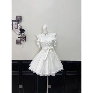 古着vintage古早味穿搭设计感蕾丝拼接收腰显瘦系带连衣裙短裙子