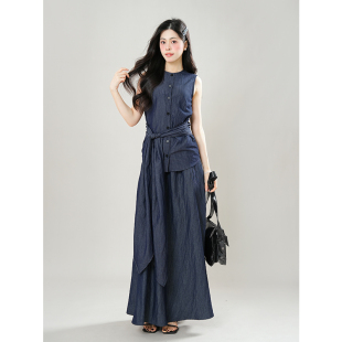 绑带上衣 圆领无袖 宽松A字半裙两件套 老钱风气质女套装 巴黎秀场