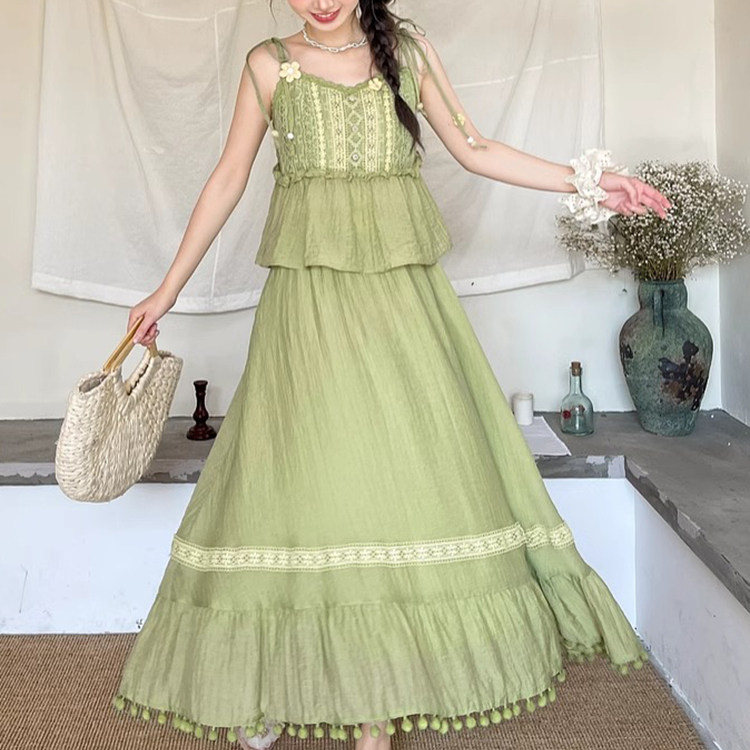 花边a字裙新款长裙森系文艺纯色半身裙显瘦吊带上衣两件套装女夏,女装/女士精品,时尚套装,淘宝优惠券,粉丝福利购,淘宝优惠卷