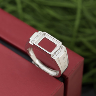 s925纯银方形戒指空托男款活口时尚潮流带钻DIY镶嵌蜜蜡绿松7*9mm