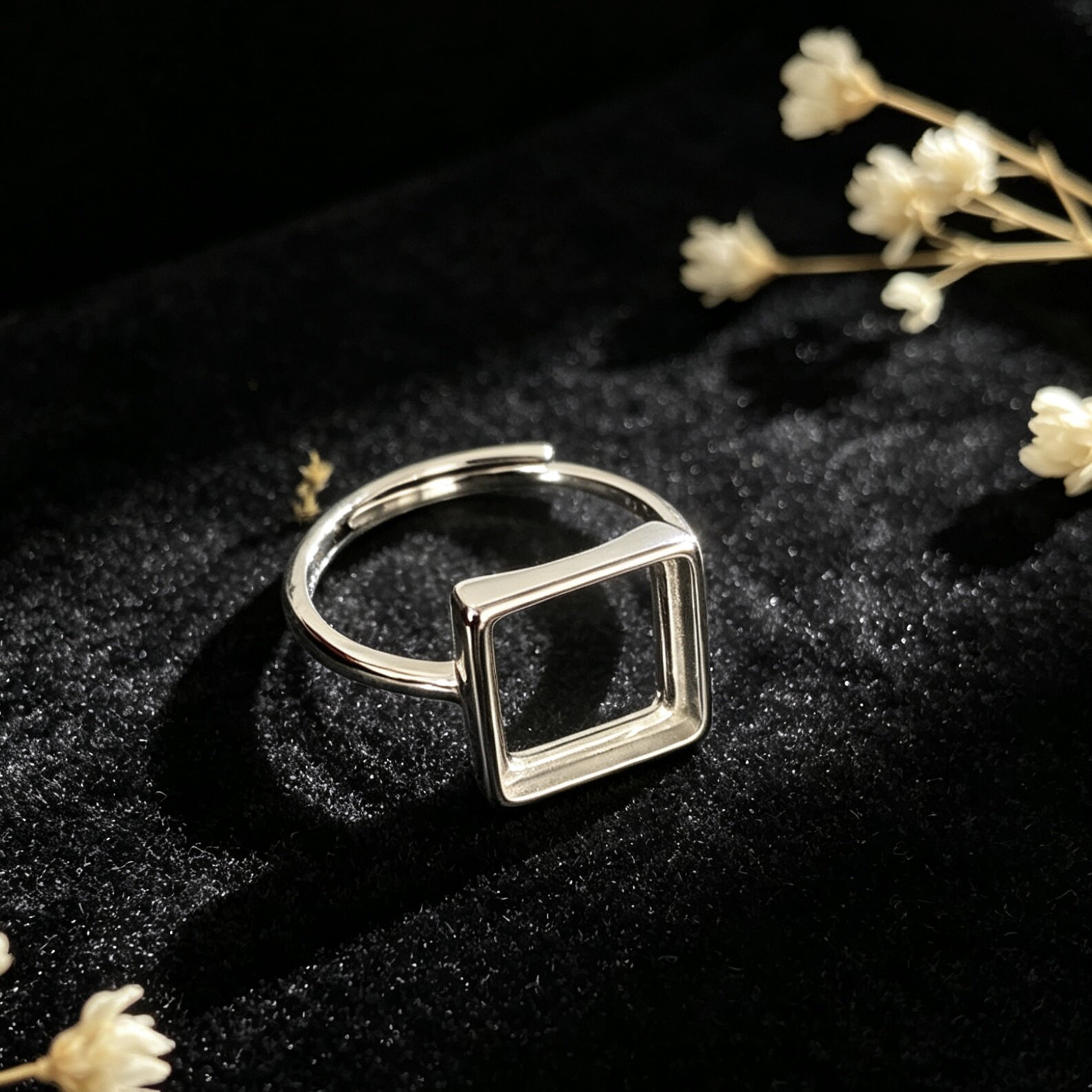 s925纯银女款方形戒指空托10*10mmDIY镶嵌琥珀蜜蜡翡翠戒面银托