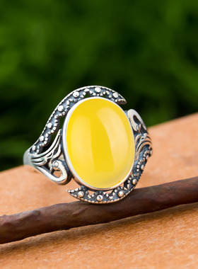 纯银蜜蜡琥珀镶嵌活口戒指托