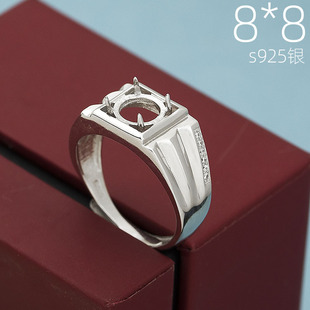 s925纯银戒指托空托戒托男款大气带钻活口绿松蜜蜡镶嵌银托8*8