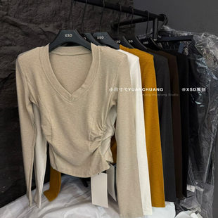 皱褶掐腰纯欲加绒打底衫 小时代秋冬2025新款 修身 V领长袖 上衣 韩版