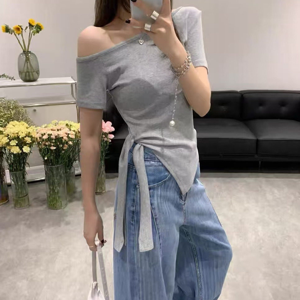 2025新款斜领绑带女装短袖T恤女图片