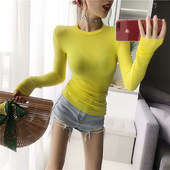 显瘦圆领堆堆袖 韩国东大门秋季 T恤女 纯色打底衫 修身 新款 透视薄款