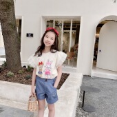 temple 短袖 现货Shirly 日系同款 女童小熊兔子网纱袖 卷边短裤