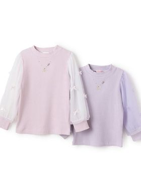 mezzo piano 钢琴家mp女童装网纱袖蝴蝶结装饰灯笼袖打底衫t恤