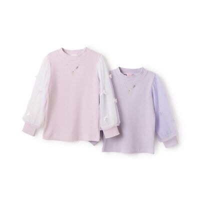 mezzo piano 钢琴家mp女童装网纱袖蝴蝶结装饰灯笼袖打底衫t恤