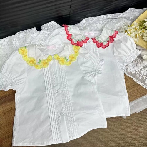 现货 mezzopiano mp 钢琴女童夏水果草莓柠檬刺绣花边领短袖衬衫