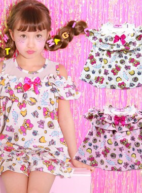 日本潮牌原单 日单 earthmagic EM 女童儿童满印花篮小熊短袖短裙
