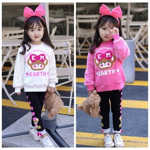 earthmagic em 新款女童秋冬毛圈纯棉毛绒袖刺绣小熊卡通长袖卫衣