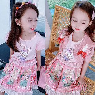 现货 Shirley temple st日系女童粉兔子针织开衫T恤半裙套装