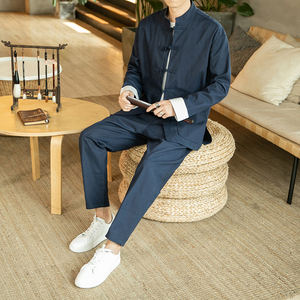 风秋装复古盘扣休闲居士服唐装夹克裤子套装男情侣 TZ06/P145图片