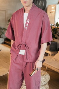 夏季短袖套装男风棉麻亚麻t恤潮休闲两件套道袍风衣TZ05/P100图片